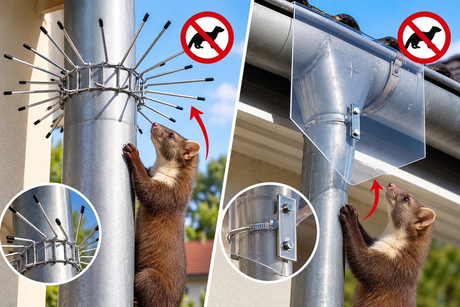 🦝 Kuna leze na střechu po okapu? Zastavte ji mechanickou zábranou